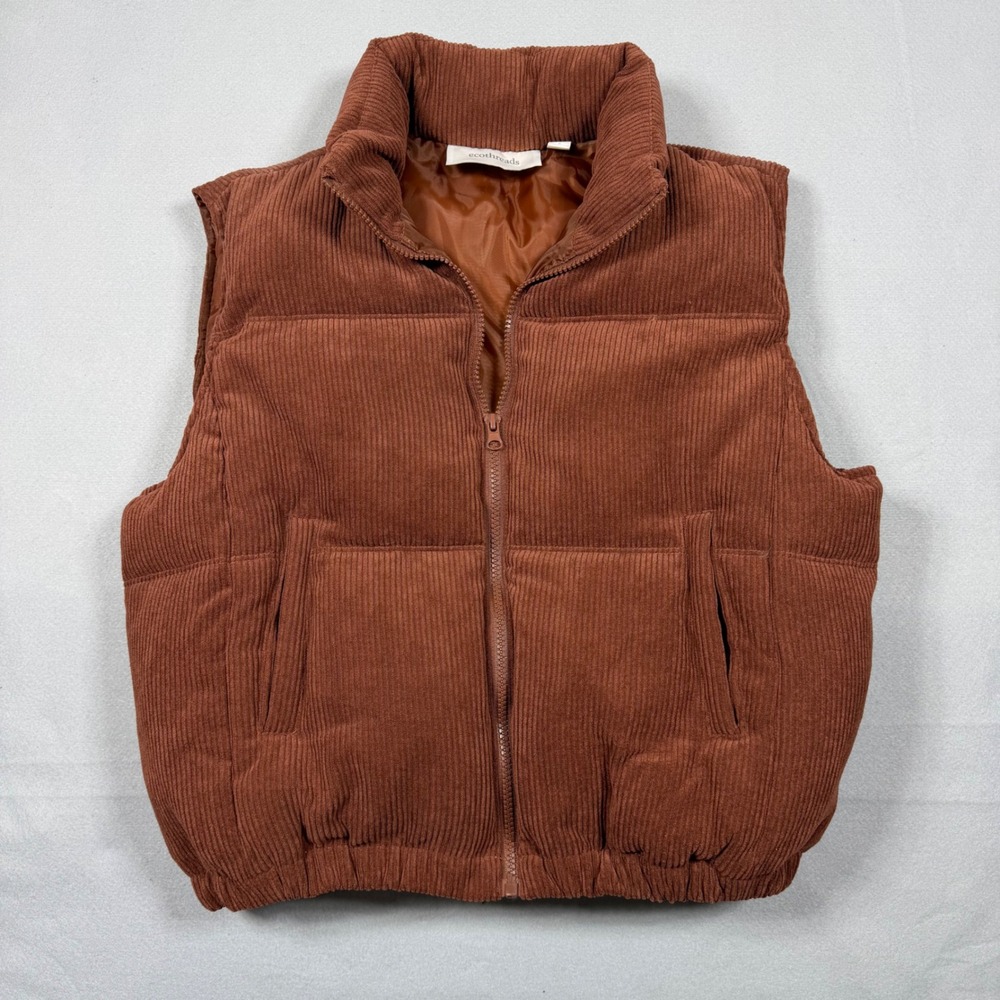 Ecothreads Womens Corduroy Puffer Vest Rust Brown Zip Up Quilted Small Q2U030FM